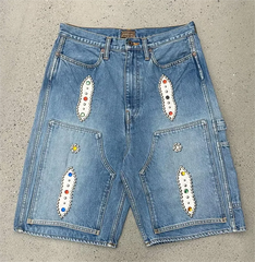 HEARUJOY  -  American street rhinestone retro pocket washed wide-leg denim shorts summer y2k Harajuku high-waist straight knee-length shorts