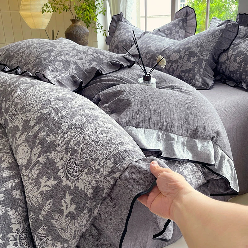 YICKYUE  -  4-pcs Set with Linen Touch, Pure Polyester Material Ruffled Romantic Bow Design Girl Woman Bedroom Bedding Set Colored Flowers