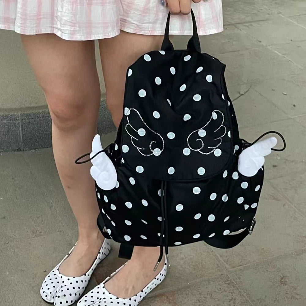 YICKYUE  -  Retro Japanese Style Polka Dot Flash Diamond Angel's Wings Backpack Lightweight Foldable Style Cute Schoolbag Nylon Backpack
