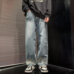 Hearujoy 2024 Spring New Personality Embroidery Men's Baggy Jeans Streetwear Loose Straight Denim Trousers Male Brand Clothing