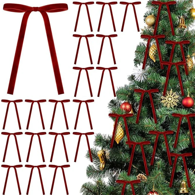YICKYUE  - 24PCS Christmas Bow Ornament 5 X 7 Inch Velvet Crafts Bows Xmas Tree Ribbon Hanging Bows Pendants for Christmas