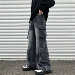 Hearujoy Vintage Patchwork Plaid Cargo Jeans Men Women Baggy Denim Trousers Streetwear Hip Hop Multi-Pockets Safari Style Casual