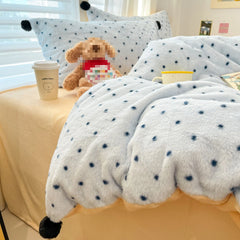 YICKYUE  -  Cartoon Wave Point Anti Rabbit Fur Bed Four Piece Set Skin Friendly and Non Irritating Home Textiles AB Double-sided Bedspreads