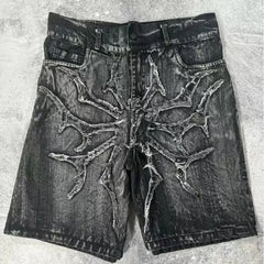 Hearujoy Spider web splicing summer 2024 loose straight-leg five-quarter pants American retro trendy brand handsome casual denim shorts