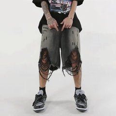 Hearujoy High Street Loose Washed Old Ripped Shorts American Retro Shorts Summer Street Y2K Hip Hop Tassel Wide Leg Casual Denim Shorts