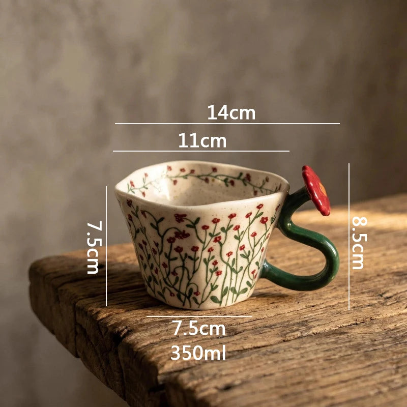 YICKYUE  -  Floral Pattern Ceramic Mug Creative Handle Latte Coffee Cup Milk Cup Breakfast Oatmeal Cup Tea Cups Household Beverage Utensil