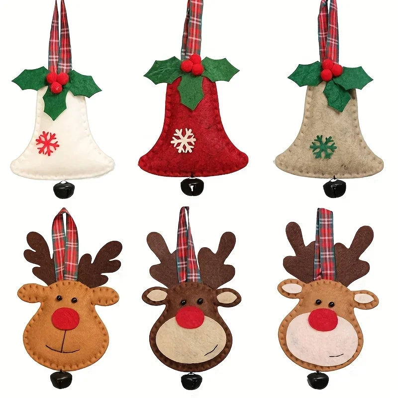 YICKYUE  -  6 Pcs Set Christmas Tree Ornament Hanging Decorations, Reindeer And Bell-Shaped Pendants, Suitable For Decorating Living Room