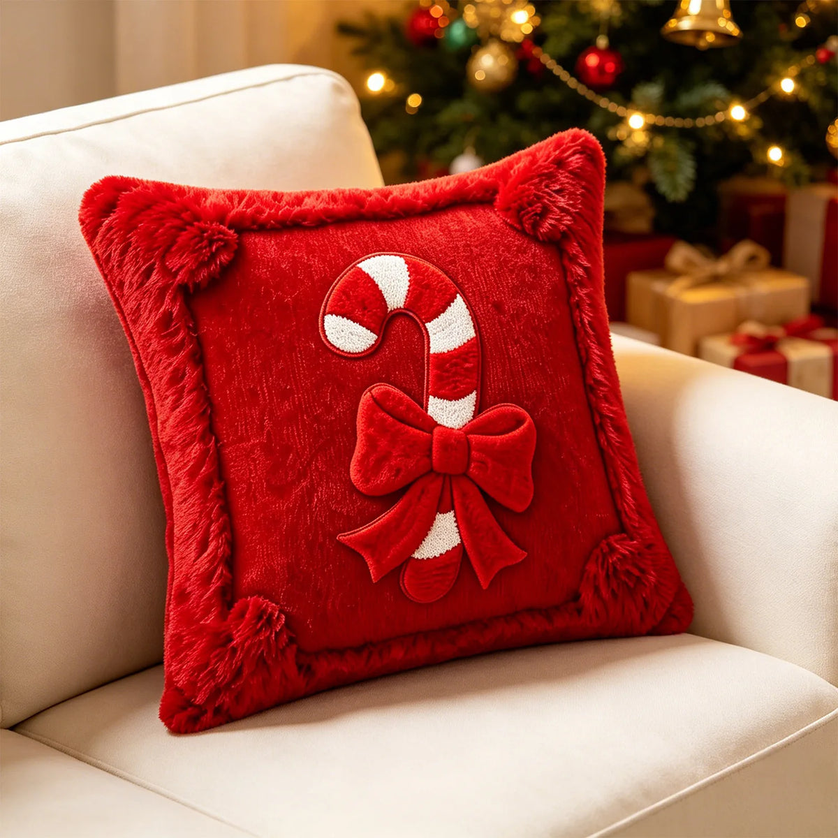 YICKYUE  -  1/2pcs Plush Cushion Cover Suitable for Christmas & Winter Decorations,Soft Zippered Pillowcase with Candy Ribbon, Pillow Cover