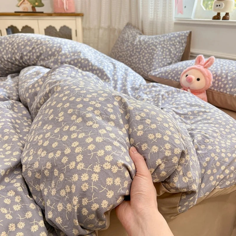 YICKYUE  -  Pastoral Flower Bedding Set Floral Duvet Cover Set With Flat Sheet Washed Cotton Adult Girl Home Bedclothes Drop Shipping