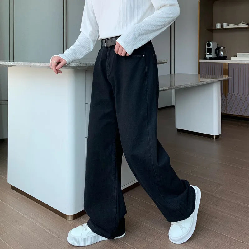 Hearujoy Minimalist Men's Jeans Droop Straight Washed Mopping Denim Pants Solid Color Wide Leg New Trousers Korean Style 9C6895