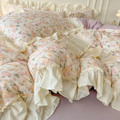 YICKYUE  -  Floral Print Korean Style Princess Lace Ruffles 100% Cotton Bedding Set Duvet Cover Bed Sheet/Fitted Sheet Pillowcases 3/4Pcs