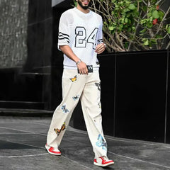 Hearujoy Mens Street Y2k Butterfly Print Casual Trousers Genderless Sports Running Basketball Loose Casual Fashion Straight Pants Unisex