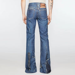 Hearujoy Butterfly Knot Rivet Print Blue Washed Baggy Flare Jeans for Men and Women Streetwear Patchwork Loose Denim Trousers