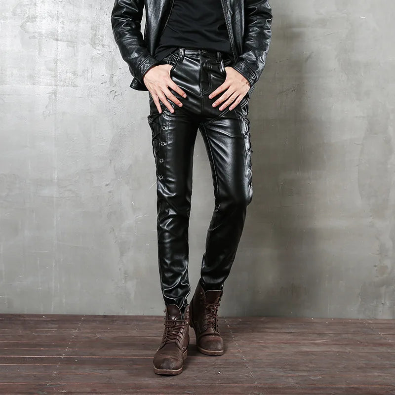 Hearujoy 2024 PU leather men's black leather rope plus velvet leather pants punk style men's motorcycle pants slim fit personality simple