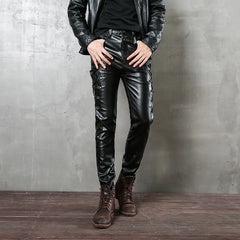 Hearujoy 2024 PU leather men's black leather rope plus velvet leather pants punk style men's motorcycle pants slim fit personality simple