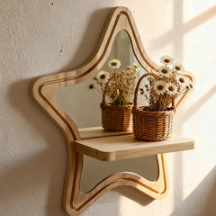 YICKYUE  -  Star Shaped Wooden Wall Shelf with Mirror,Wall Mounted PlantDisplay Rack for HomeDecor,PremiumOrnament for Bedroom&AestheticRoom