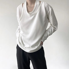 Hearujoy Mens Autumn Personalized Fake Two-Piece Hollow Sexy Long-Sleeve T-Shirts Genderless Fashion Korean Loose Solid Color Tops Unisex