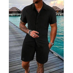 HEARUJOY  -  Fashion Men Two Piece Sets Cardigan Short Sleeve Lapel Shirts And Short Pant Men Stripe Outfit Summer Casual Loose Suit