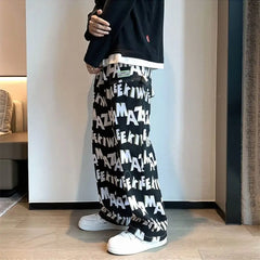 HEARUJOY  -  High Street Letter Printed Casual Pants Fashionable and Versatile Loose and Comfortable Elastic Band Fashionable Straight Pant