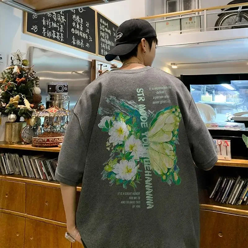 YICKYUE  -  Men's Cotton T-shirts White Mens Oversized T Shirt Casual Summer Wear Flower Butterfly Print 5XL Tee Shirts for Men Male Clothes