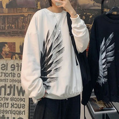HEARUJOY  -  Dark Feather Wings Printed Round Neck Sweater Men's Fall Plus Size Plus Size Loose Pullover Versatile Top