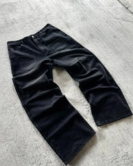 Hearujoy Black Baggy White Cherry Blossoms Print Jeans Y2k Retro Multiple Pockets Straight Wide Leg Denim Pants Men Women Rock Streetwear
