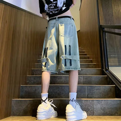 HEARUJOY  -  New Retro Men's Spliced button Zipper Pocket Fashionable Five-point Denim Shorts