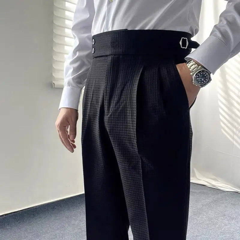 HEARUJOY  -  Italian Paris Buckle Naples Suit Pants For Men Smart Casual High Waist Straight Trousers Autumn Fashion Pleated Waffle Pants
