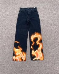 HEARUJOY  -  Classic Fashion Flame Print Trousers Men Y2k Goth Hip-hop Rock Punk Loose Personality High Waist Wash Oversized Jeans Women