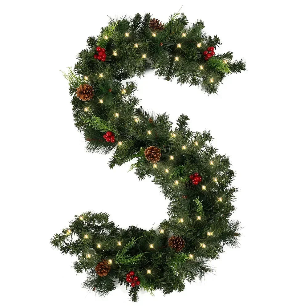 YICKYUE  -  Christmas Garland Wreath 1.8M, Artificial Rattan with LED Pinecones Red Berries for Front Door Fireplace Stairs Xmas Decoration