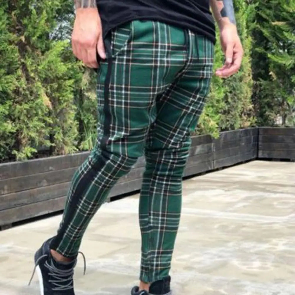 YICKYUE  -  Men's Casual Slim Trousers Plaid Print Fashionable Long Pants Polyester Fiber mid Waist Zipper Closure Straight Tube Pants