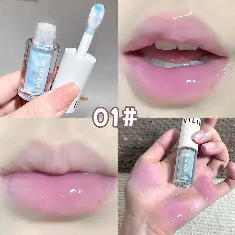 YICKYUE  -  Mirror Lip Glaze Watery Lips Gray Pink Water Light Lip Gloss Makeup 6 Color Hydrating Moisturizing Long Lasting Crystal Lip Oil