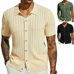 HEARUJOY  -  Men's Casual Top Summer Cool Knit Shirt Short Sleeve Lapel Solid Color Hollow Breathable Top
