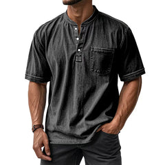 HEARUJOY  -  Summer Fashion Vintage Mens 100% Cotton Shirts Solid Lapel Short Sleeve Tops Casual Retro T-shirts Pullover Streetwear Male