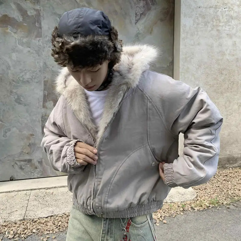 Hearujoy American Retro Woolen Collar Hooded Cotton Jacket Winter Thick Plush Top Men Street Hip-Hop Gothic Harajuku Oversize Jacket Coat