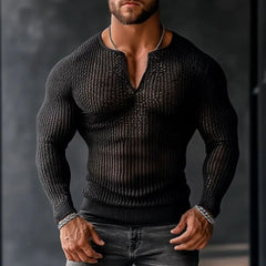 HEARUJOY  -  Men's Transparent Mesh Shirt V-Neck Long Sleeve Casual Loose Fit Breathable Summer Top Trendy Streetwear Fashion