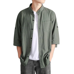 HEARUJOY  -  Loose Roll-Up Sleeves Men'S Button Down Shirt Men Fashion Spring Summer Casual Short Sleeve Turndown Neck Roupas Masculinas