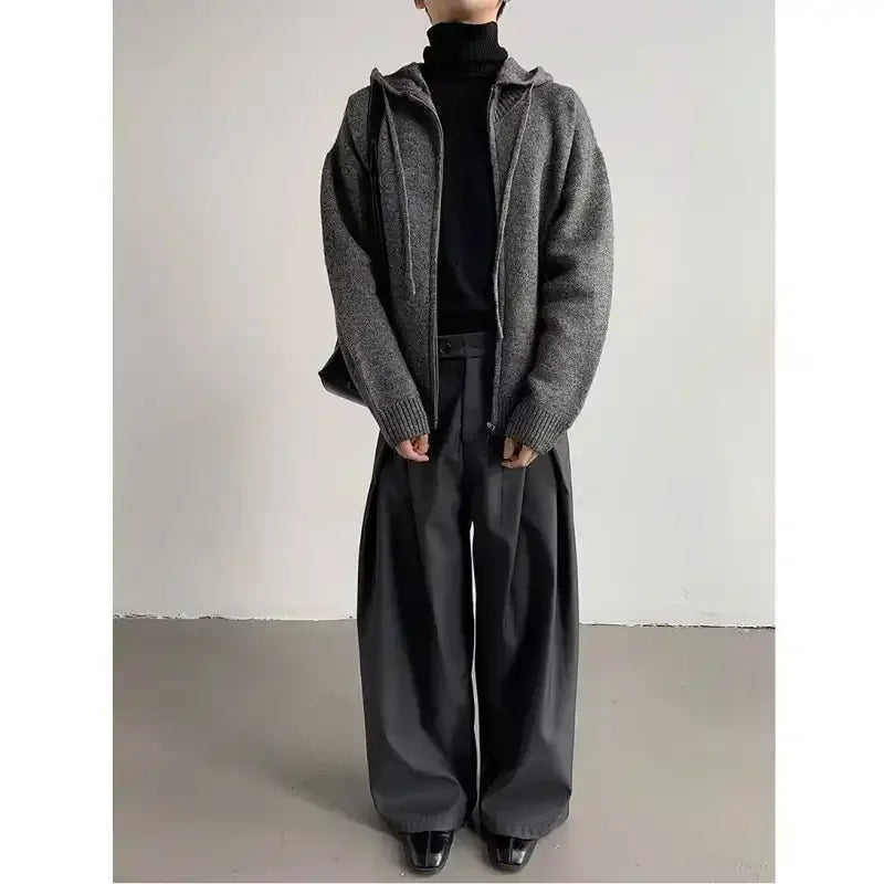 YICKYUE  -  Men's High-Waisted Wide-Leg Trousers with Pleated Detail Casual Pants