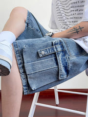 HEARUJOY  -  Summer Denim Cargo Shorts Men Flap Pockets Wide Leg Baggy Jeans Shorts Big Size 8XL 7XL 6XL Loose Fit Straight Jean Short Male