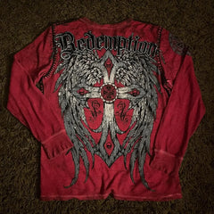 Hearujoy Affliction Long sleeved T shirt Y2K New Hip Hop Cross Pattern Round Neck Oversized T shirt Men Women Casual Gothic Clothing Tops