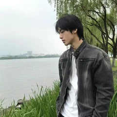 HEARUJOY  -  Punk Gray Denim Jacket Men's American Retro Heavy Industry Coat Metal Design Stand Collar Old Washed Short Spliced Street Jacket