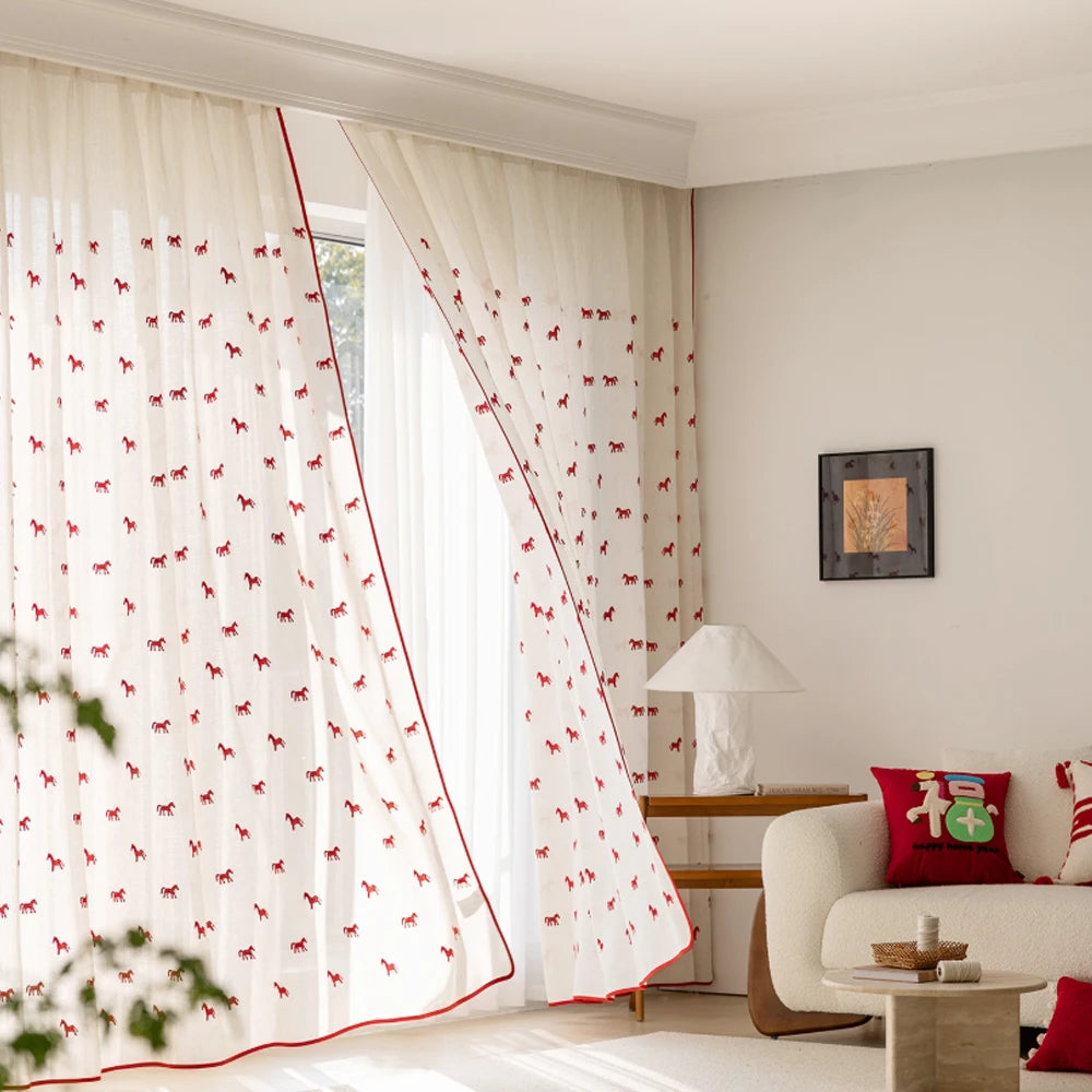 YICKYUE  -  Modern Simple Vintage Horse Sheer Curtain, Elegant Lightweight Window Shade, Sunshade UV Protection, Suitable for Living Room Be