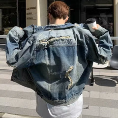 HEARUJOY  -  High Street Washed Denim Jacket Mens Trends New Spring Streetwear Single Breasted Casual Hip Hop Coats Loose Cowboy Outwear