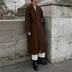Hearujoy Mens Autumn Winter Mid-Length Thick Woolen Coat Essential Retro Elegant Korean Trendy Loose Strappy Windbreaker Woolen Coat