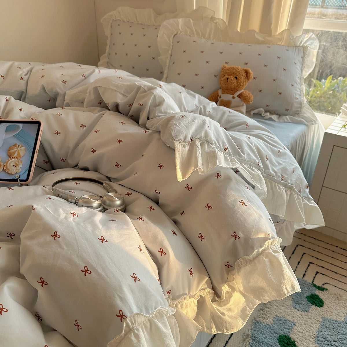 YICKYUE  -  3/4Pcs Bedding Set Korean Princess 100% Cotton Pink Bed Sheet Ruffle Couple Quilt Duvet Cover Beddings Sets Full For Home
