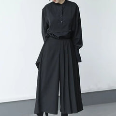 HEARUJOY  -  Darkness Versatile Slim Pleated Nine-Point Wide-Leg Pants Unisex Double-Layer High-Waisted Loose Tight-Waisted Straight Culottes