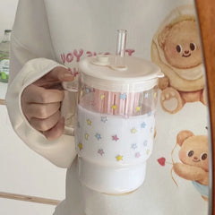YICKYUE  -  High Borosilicate Glass Star Straw Cup Household Transparent Large Capacity Drinking Cup for Girls with Lid and Handle Straw Cup