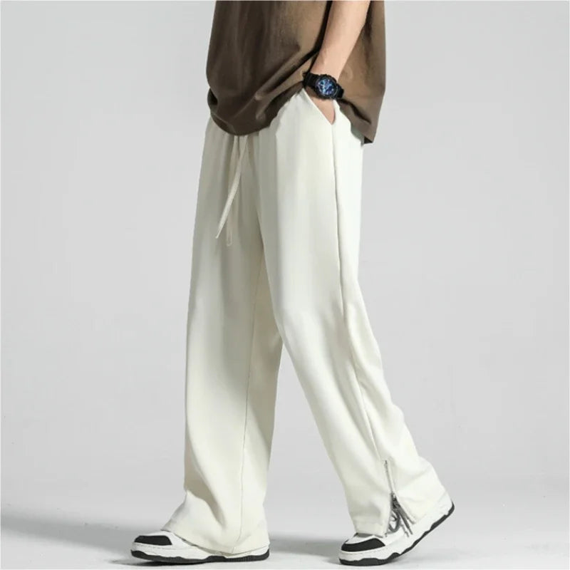 HEARUJOY  -  Summer New Light&Thin Men's Casual Suit Pants Straight Loose Sweatpants Soft Split Comfortable Zipper Design Baggy Trousers