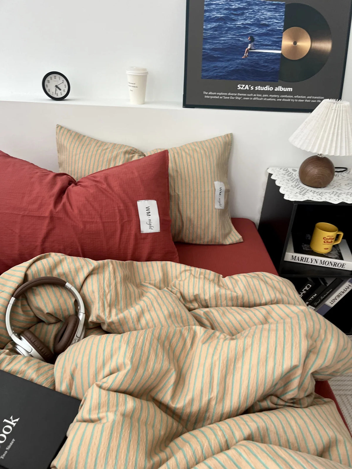YICKYUE  -  Washed Cotton Stripe Mix Matching Bloggers Style Bedding Set Pure Cotton Three Piece Duvet Cover Student Four Piece Sheet Set
