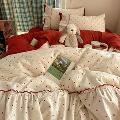 YICKYUE  -  3/4Pcs Bedding Set Korean Princess Polka Dot Bedding Cute Bow Bed Linen 2 Bedroom Cotton Bed Linen With Ruffles Couple Quilt